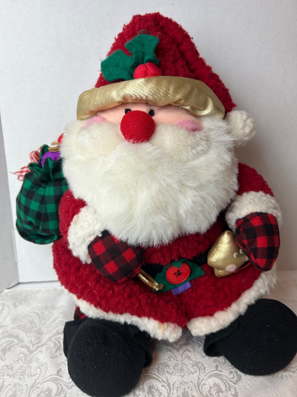 VTG 95 Fat Santa Claus Plush Red Stuff Toy  with Gifts Whimsy Cottage Decor 13"